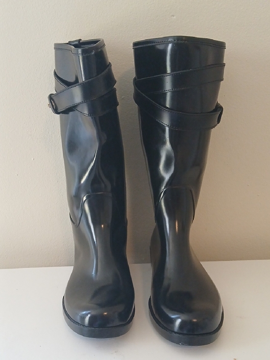 Coach Shoes - Coach Women's Black Gloss Tall Rain Boots with Calf Strap Detail